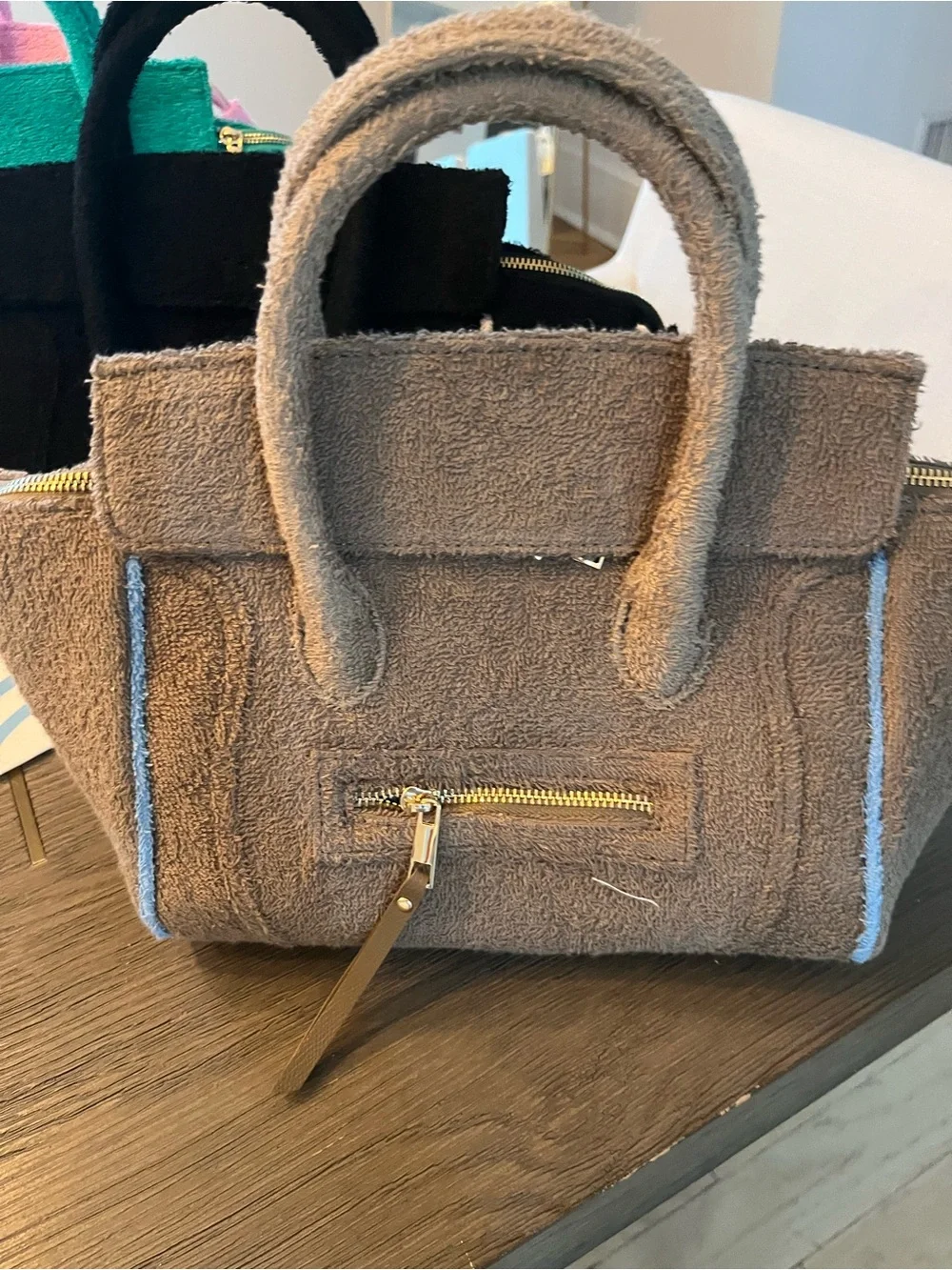 New Celine Taupe Terry Tote Bag with Blue Trim and Tassel